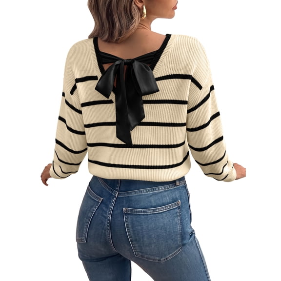 Eytino Womens Sweaters Long Sleeve Back Bow Sweater V Neck Fall Color Block Pullover Tops
