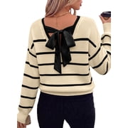Eytino Womens Sweaters Long Sleeve Back Bow Sweater V Neck Fall Color Block Pullover Tops