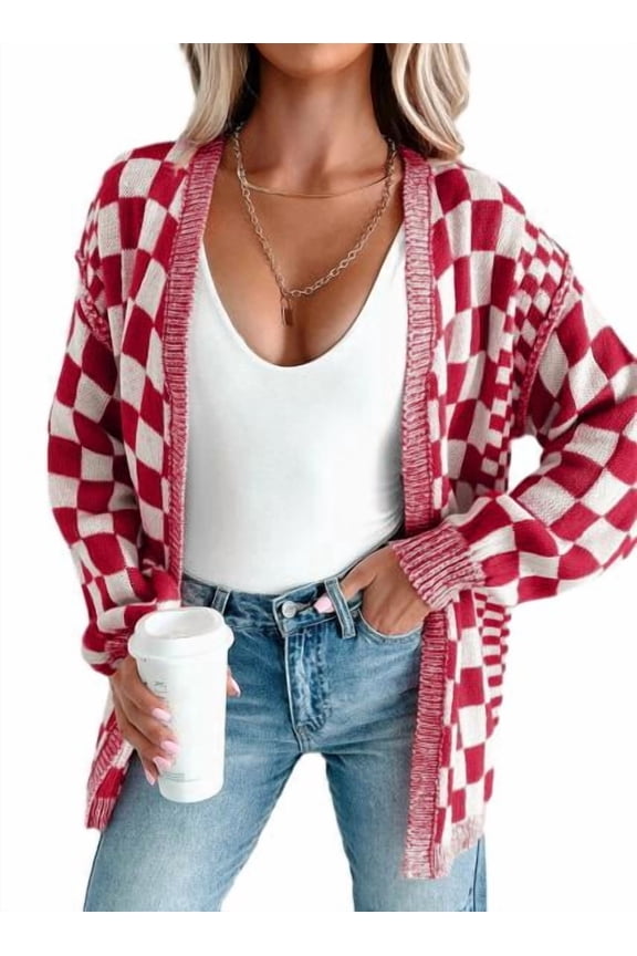 Womens Sweaters Long Sleeve Open Front Cardigan Color Block Plaid Knit Cardigans Sweater
