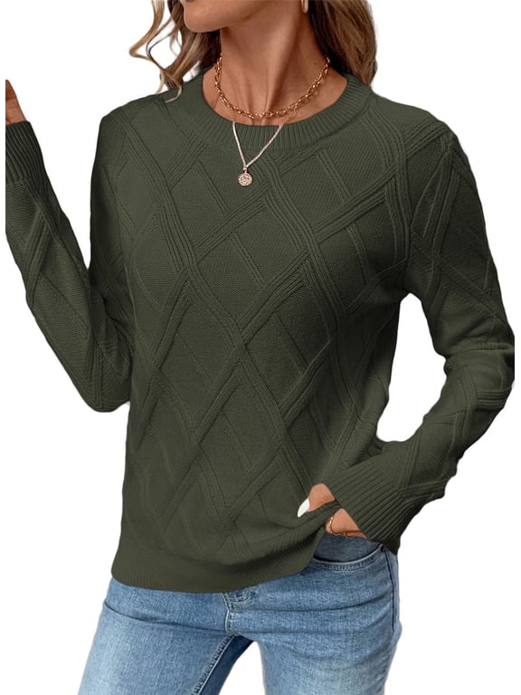 Womens Sweaters Pullover Sweaters for Women Trendy Crewneck Long Sleeve Cable Knit Sweater Casual Fall Sweater Tops Green M