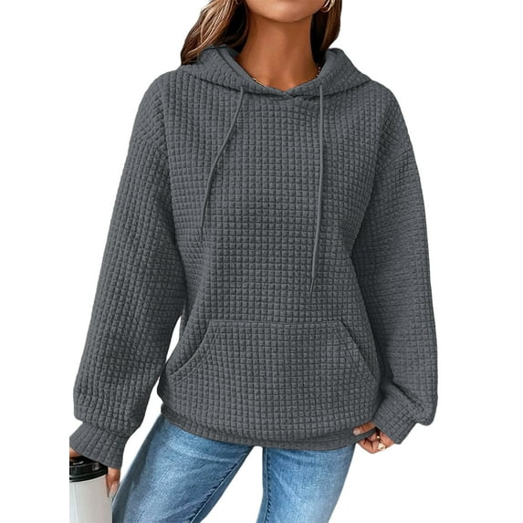 Eytino Womens Sweatshirts Hoodies Oversized Hoodies Casual Waffle Long Sleeve Pullover Top Solid Hooded Sweatshirt with Pocket Gray L