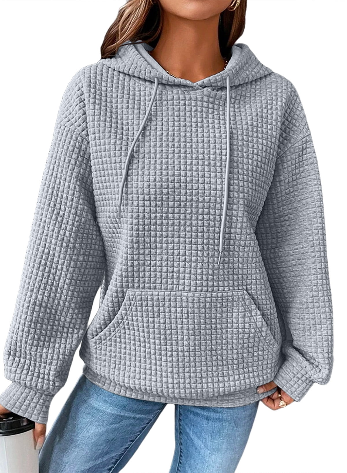 Eytino Womens Sweatshirts Hoodies Sweatshirt Long Sleeve Waffle Hoodies Pullover Casual Oversized Hooded Sweatshirts with Pocket Gray M