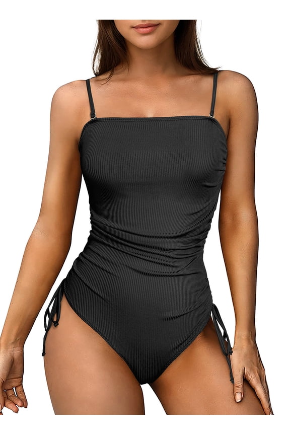 Womens Swimsuit One Piece Swimsuit Drawstring Bathing Suit Ribbed Tummy Control Swim Suit Tie Side Swimming Suits Ruched Womens Swimwear Black S