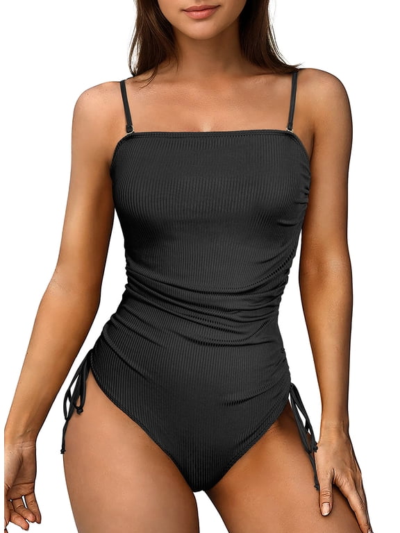 Womens Swimsuit One Piece Swimsuit Drawstring Bathing Suit Ribbed Tummy Control Swim Suit Tie Side Swimming Suits Ruched Womens Swimwear Black S