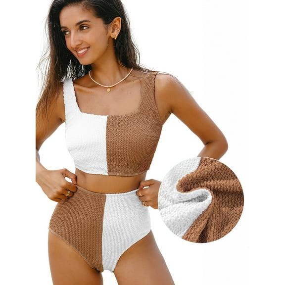 Eytino Womens Swimsuits Bathing Suits for Women High Waisted Bikini Set Color Block Two Piece Swimsuit 2025 Summer Scrunch Square Neck Swim Suit Swimwear White Brown XL