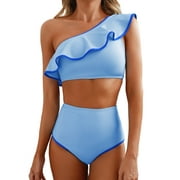 Eytino Womens Swimsuits High Waisted Bikini Sets for Women Bathing Suits One Shoulder Swimsuit Color Block Trim Ruffle Hem Swim Suits Swimwear Sky Blue M