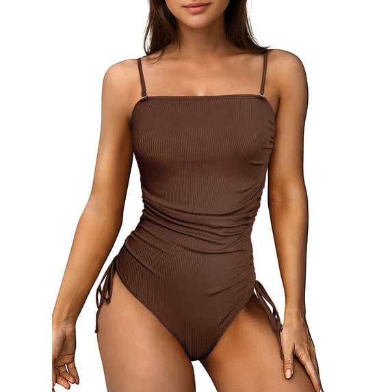 Eytino Womens Swimsuits One Piece Tummy Control Swim Suit Drawstring Bathing Suit Ribbed Tie Side Swimming Suits Ruched Square Neck Womens Swimwear Brown 2XL