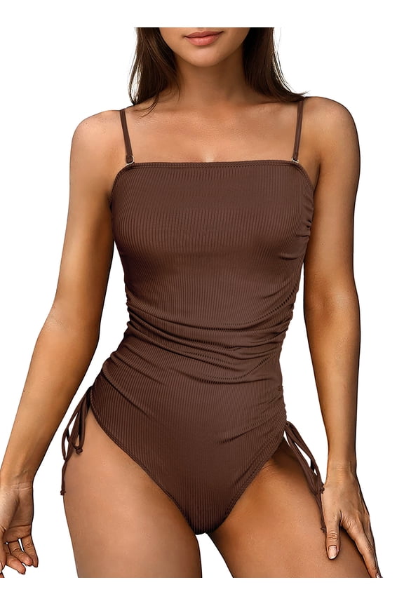 Womens Swimsuits One Piece Tummy Control Swim Suit Drawstring Bathing Suit Ribbed Tie Side Swimming Suits Ruched Square Neck Womens Swimwear Brown 2XL