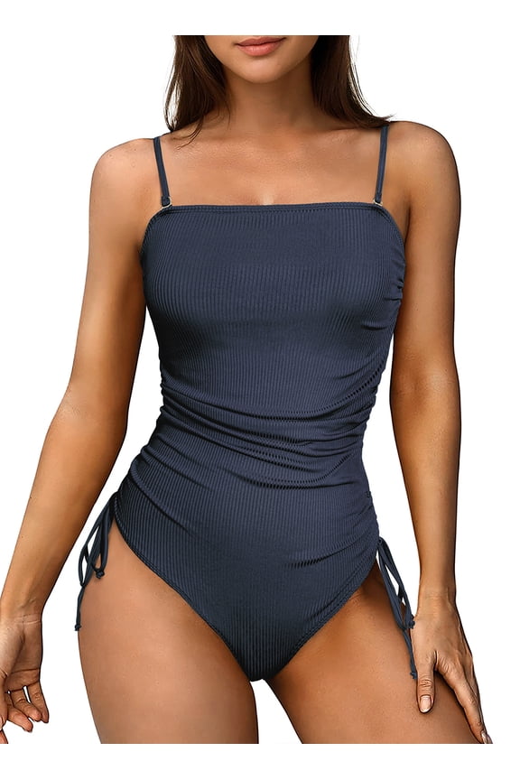 Womens Swimsuits Ruched Drawstring One Piece Swimsuits for Women Ribbed Tummy Control Swim Suit Tie Side Swimming Suits Square Neck Swimwear Blue 2XL