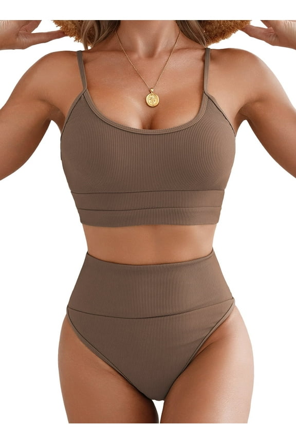 Womens Swimsuits Sexy Bikini Set High Waisted Two Piece Bathing Suit Brown M