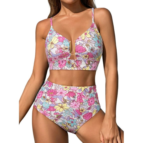 Eytino Womens Swimwear 2 Piece Bikini Set U-Wire Cutout Swimsuit Floral Print High Waisted Summer Beach Swim Bathing Suits