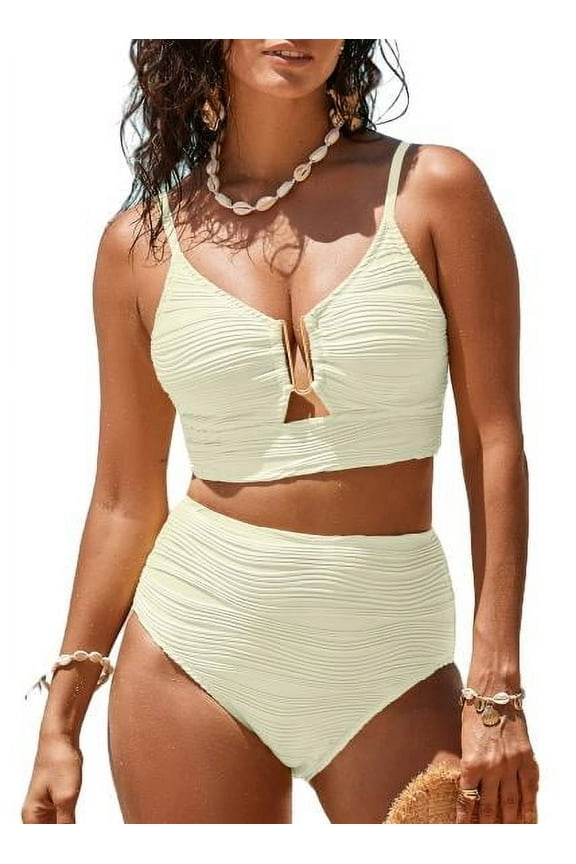 Womens Swimwear High Waisted Bikini Sets Tummy Control Swimsuits V Neck Cutout Swimming Suits Textured Ruched Two Piece Bathing Suit Swimwear Beige S-2XL