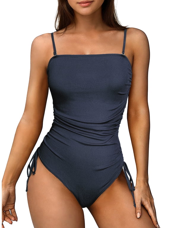 Womens Swimwear Ruched Drawstring One Piece Swimsuits Ribbed Tummy Control Swim Suit Tie Side Swimming Suits Blue L