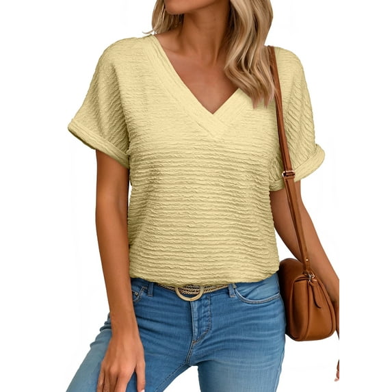 Eytino Womens T Shirt Cap Short Sleeve Tops V Neck Textured Tops Summer Tops Basic Workout Tee Shirts Blouses Gold S-2XL