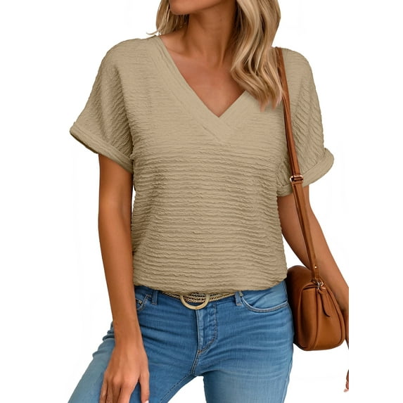 Eytino Womens T Shirts Summer Textured Tops Cap Sleeve Basic Loose Fit V Neck Tee Shirts Casual Workout Ladies Tops Gray S-2XL
