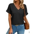thumbnail image 1 of Eytino Womens Top Summer Casual Cap Short Sleeve Basic T Shirts Textured Solid Color V Neck Workout Tee Shirts Blouses Black S-2XL, 1 of 11