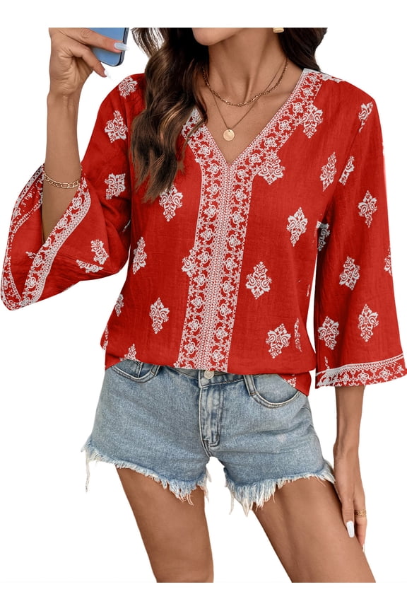 Womens Tops Summer Dressy Casual 3 4 Sleeve Blouses Floral Print V Neck Loose Fit Dressy Boho Vacation Tunic Tops Tunic Tops
