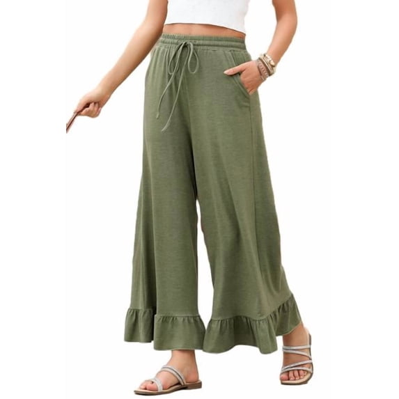 Eytino Womens Trousers Casual Drawstring Elastic Waist Wide Leg Ruffle Hem Palazzo Pants with Pockets