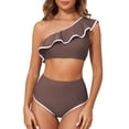 thumbnail image 1 of Eytino Womens Two Piece Swimsuit One Shoulder Bikini Set High Waisted Bathing Suits for Women Color Block Trim Ruffle Hem Swimsuits Swimwear Brown XL, 1 of 8