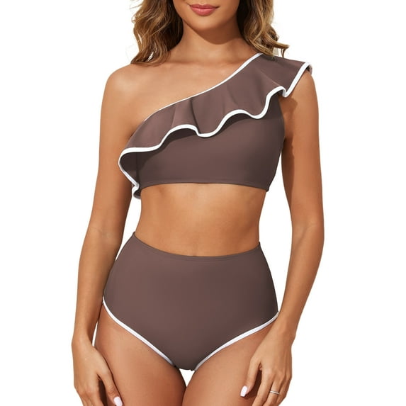 Eytino Womens Two Piece Swimsuit One Shoulder Bikini Set High Waisted Bathing Suits for Women Color Block Trim Ruffle Hem Swimsuits Swimwear Brown XL