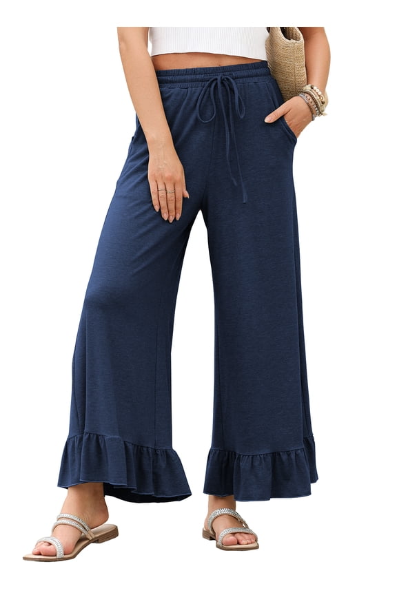 Womens Wide Leg Pants Elastic Waist Lightweight Drawstring High Waisted Ruffle Hem Palazzo Pants with Pockets