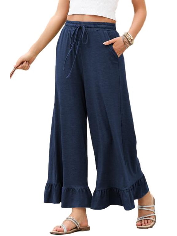 Womens Wide Leg Pants Elastic Waist Lightweight Drawstring High Waisted Ruffle Hem Palazzo Pants with Pockets