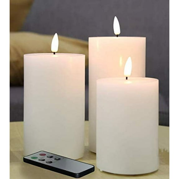 Eywamage 3 Pack White Flameless Pillar Candles with Remote D 3" H 4" 5" 6", Flat Top Flickering Electric LED Battery Candles, Real Wax Unscented