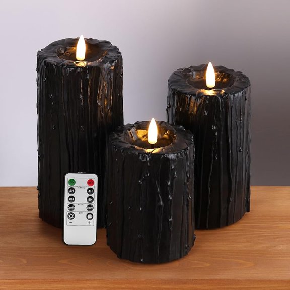 Eywamage Black Dripping Wax Flameless Pillar Candles with Remote, Flickering Halloween LED Candles Battery Operated Set of 3