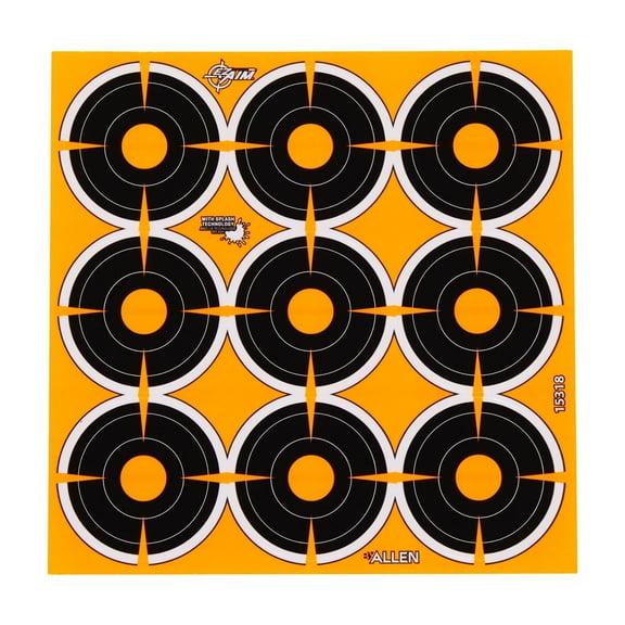 EZ Aim® Adhesive Splash Reactive Paper Shooting Targets, 2" Bullseye, 9 Targets Per Sheet, 12-Sheets, Black/Orange
