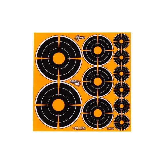 EZ Aim® Adhesive Splash Reactive Paper Shooting Targets, Bullseye Variety Pack, 1", 2", & 3" Targets, 12-Sheets, Black/Orange