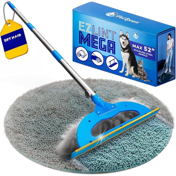 EzLint Mega 52" Carpet Rake & - & Hair Remover Broom with Adjustable Handle & Extra Wide for Carpets, Rugs & Stairs, Blue