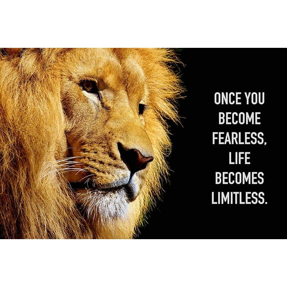 EzPosterPrints - Most Popular Lion Theme Quote Posters - Power Strength Brave Beast Motivational Quotes Poster Printing - Wall Art Print for Home Office - FEARLESS - 36X24 inches