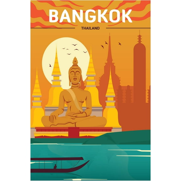 EzPosterPrints - Retro World Famous City Posters - Decorative, Vintage, Retro, Grunge Travel Poster Printing - Wall Art Print for Home Office - BANGKOK, TAILAND - 48X32 inches