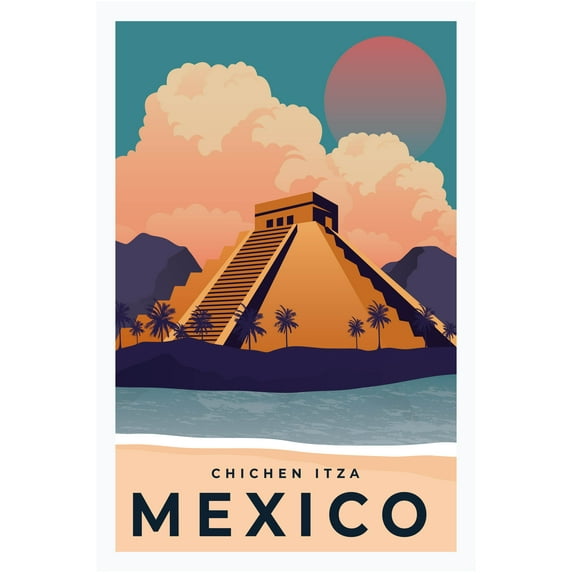 EzPosterPrints - Retro World Famous City Posters - Decorative, Vintage, Retro, Grunge Travel Poster Printing - Wall Art Print for Home Office - CHICHEN ITZA, MEXICO - 12X18 inches