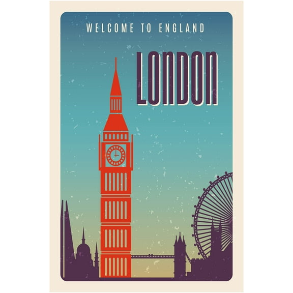 EzPosterPrints - Retro World Famous City Posters - Decorative, Vintage, Retro, Grunge Travel Poster Printing - Wall Art Print for Home Office - LONDON-2, ENGLAND - 12X18 inches