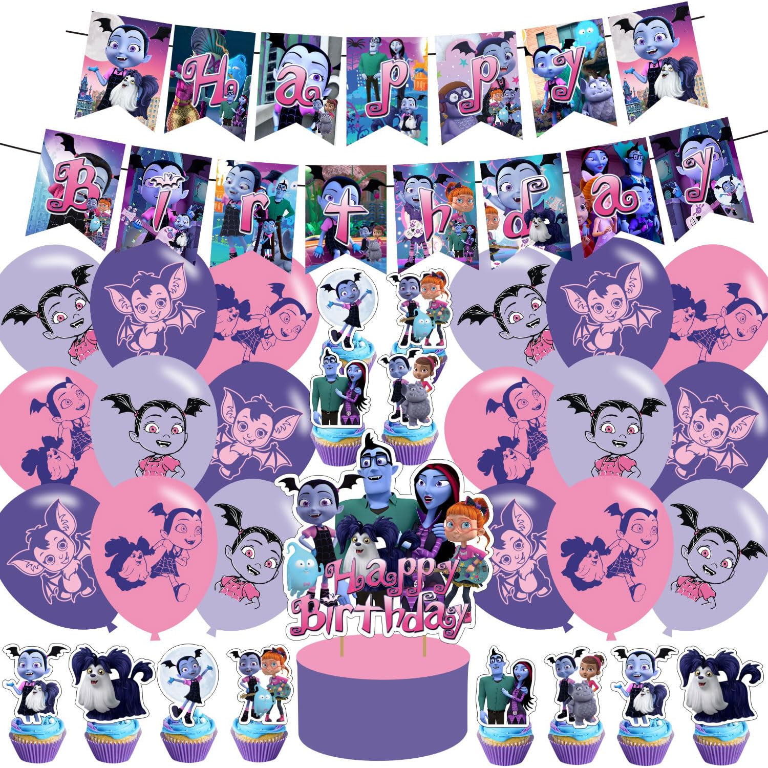 Ezcpigei Vampirina Birthday Party Decoration,Vampirina Girl Include KMC2Kids Vampirina Theme Birthday Banner, Cake Topper, Latex Balloons for Fans Birthday Party Supplies, Purple