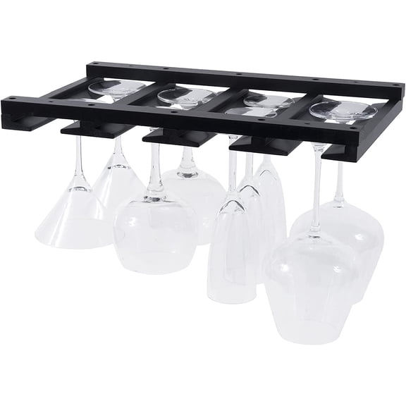 Eze 4 Sectional Wood Under Cabinet Wine Glass Holder Rack Hanging Shelf Stemware Bar Organizer - 12 Wine Glass Storage - 10 Inch Deep - Black