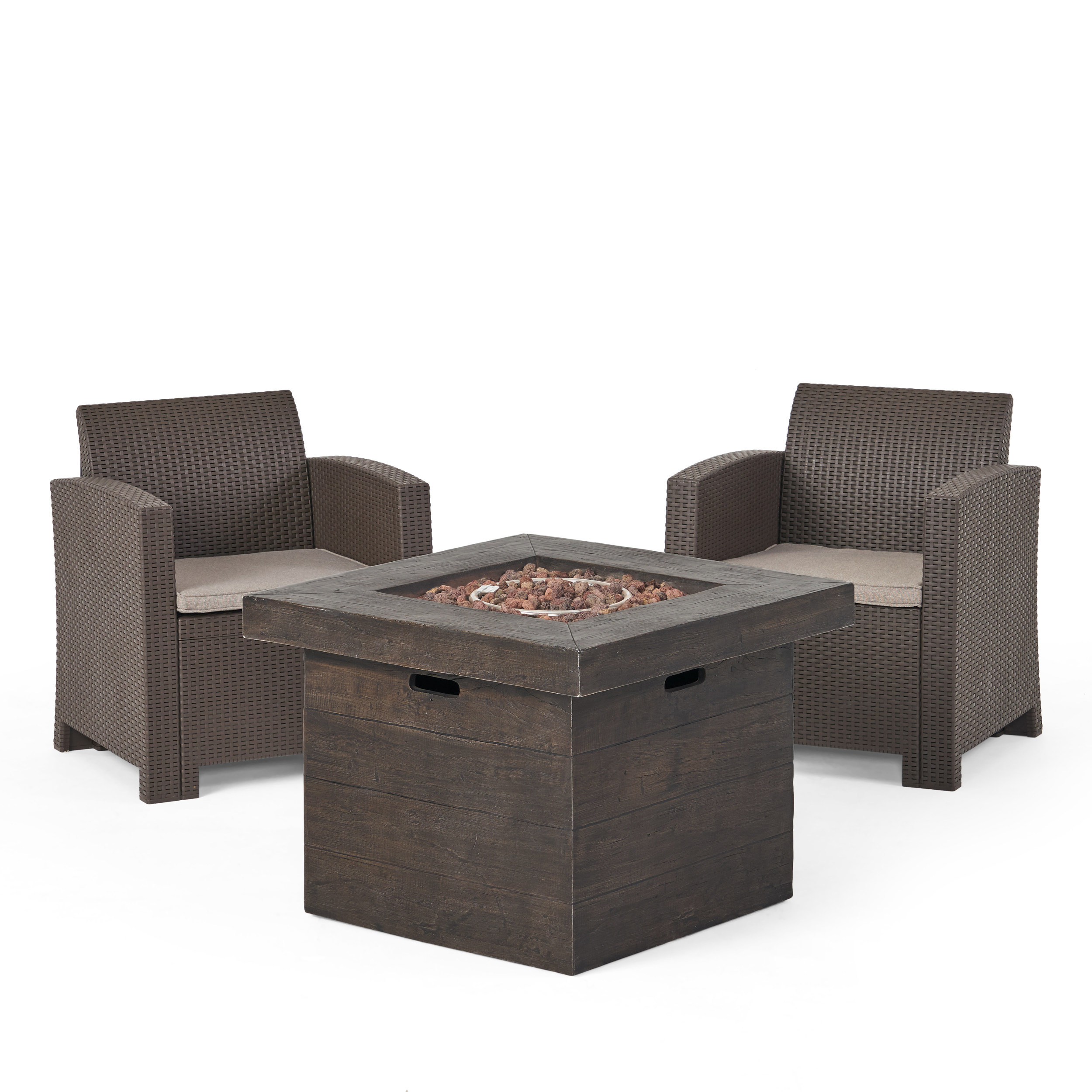 Ezequiel Outdoor 3 Piece Wicker Print Club Chair Chat Set with Cushions and Fire Pit, Brown, Mixed Biege, Brown - image 1 of 18