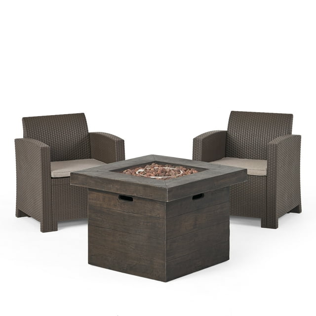 Ezequiel Outdoor 3 Piece Wicker Print Club Chair Chat Set with Cushions and Fire Pit, Brown, Mixed Biege, Brown