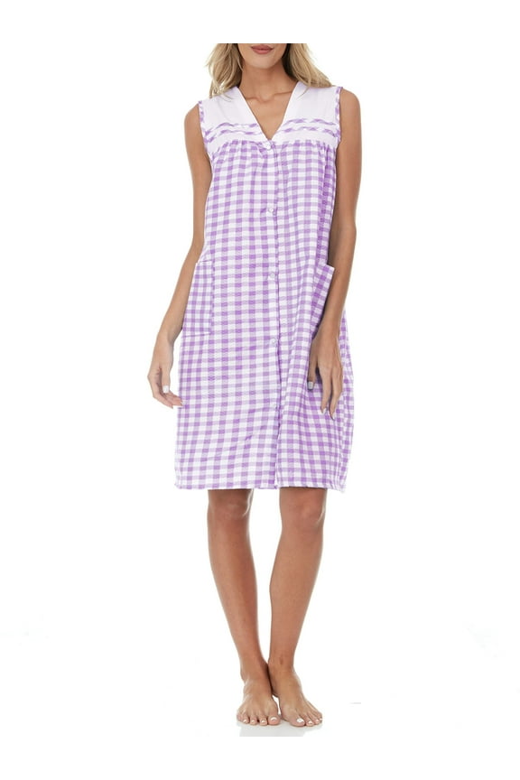 Women's Plus Duster7 Sleeveless Cotton-Rich House Dress,1X,Purple