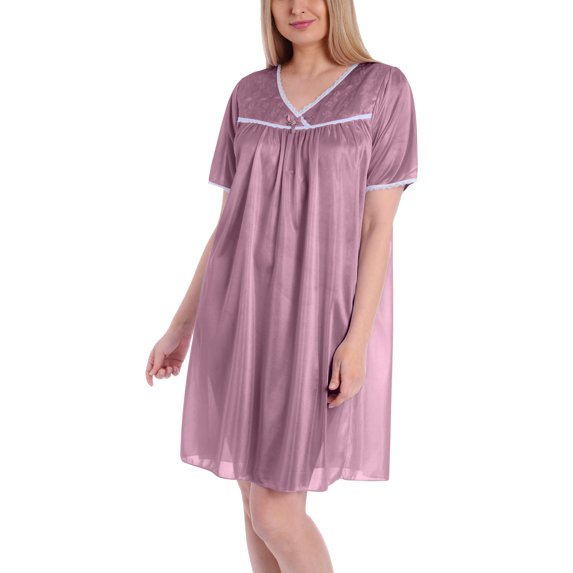Ezi Women's Satin Silk Short Sleeve Lingerie Nightgown