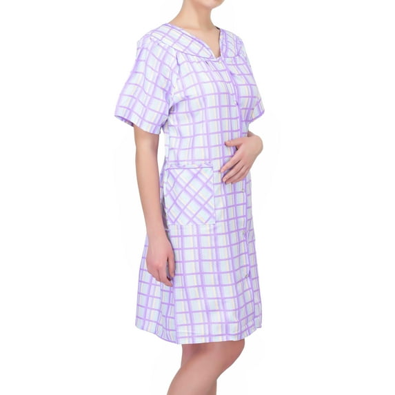 Ezi Women's Short Sleeve Snap-Front Plaid Seersucker Cotton-rich House Coat