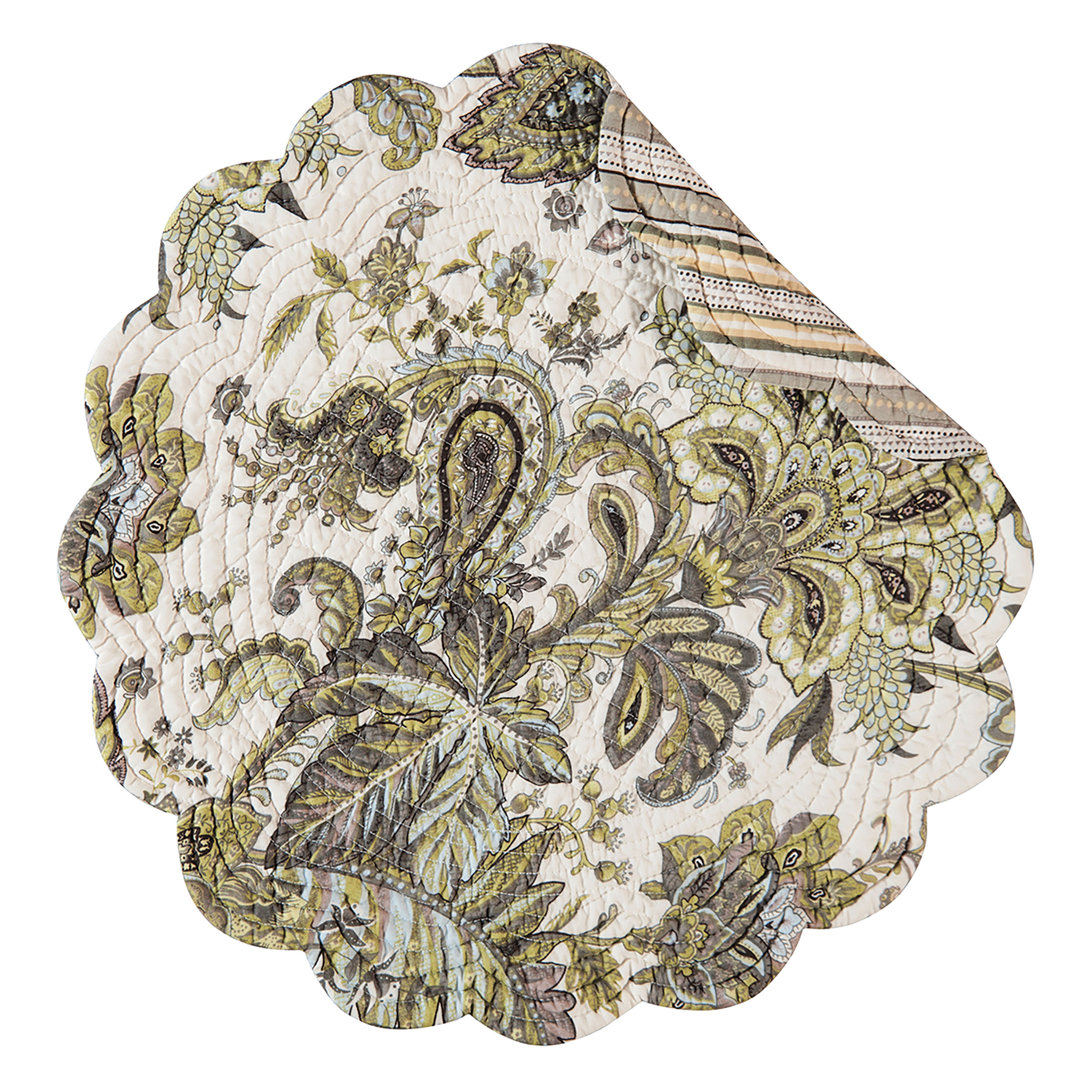 Ezmeralda Round Single Placemat Floral Damask Striped Cotton Reversible