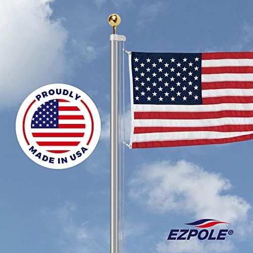 Ezpole All American Silver Sectional Flagpole, 25 foot with 4 x 6 Sewn Nylon American Flag, Heavy Duty 14 Gauge Aluminum Sectional Pole, US Flag, Ground Sleeve, and All Hardware. 100% Made in USA