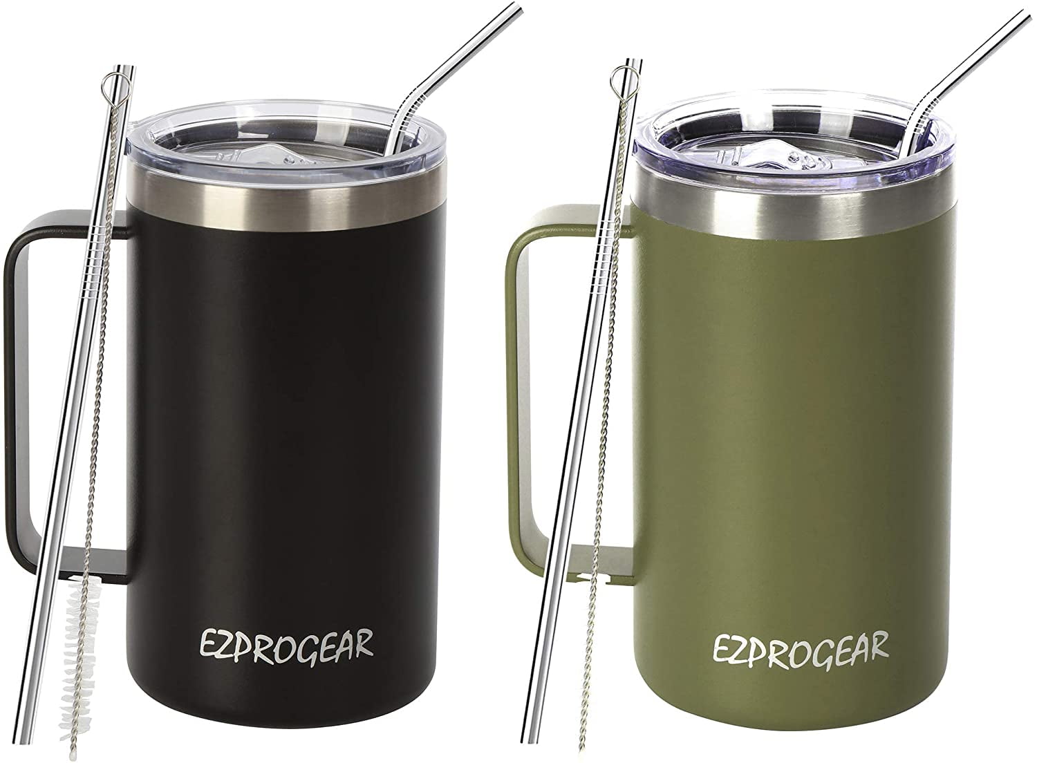 EZ ProGear20 oz 2 Pack Stainless Steel Tumbler w/Lids, Handle & Straws  Travel Coffee Mug