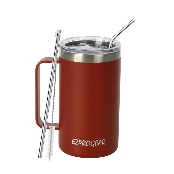 Ezprogear 24 oz Cherry Red Stainless Steel Coffee Mug Double Wall Beer Tumbler Vacuum Insulated Camping Cup with Straws, Handle and Lid (Cherry Red)