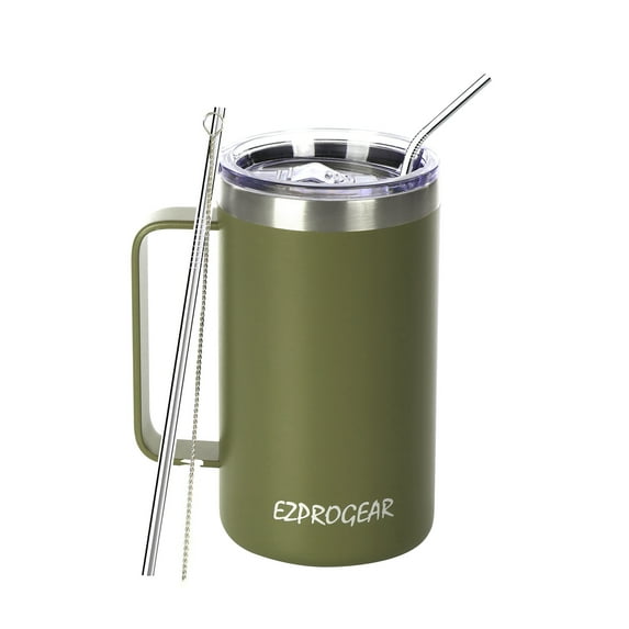 Ezprogear 24 oz Olive Green Stainless Steel Coffee Mug Camping Tumbler Double Wall Vacuum Insulated with Straws, Handle and Lid