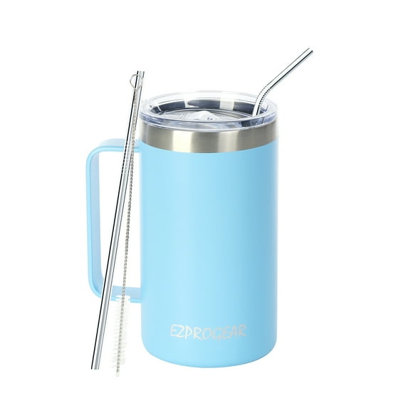 Ezprogear 24 oz Sky Blue Coffee Mug With Handle,Stainless Steel Insulated Travel Tumblers With Sliding Lid & Straws