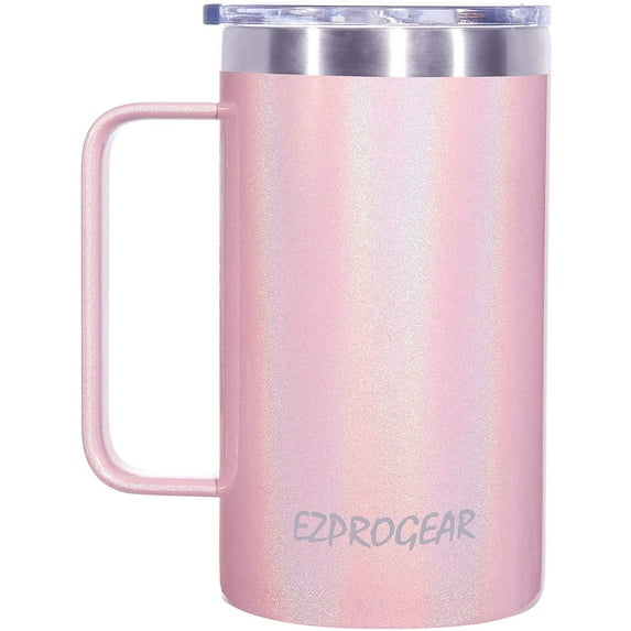 Ezprogear 24 oz Stainless Steel Coffee Mug Double Wall Beer Tumbler Vacuum Insulated Camping Cup with Straws, Handle and Lid (Glitter Carnation)
