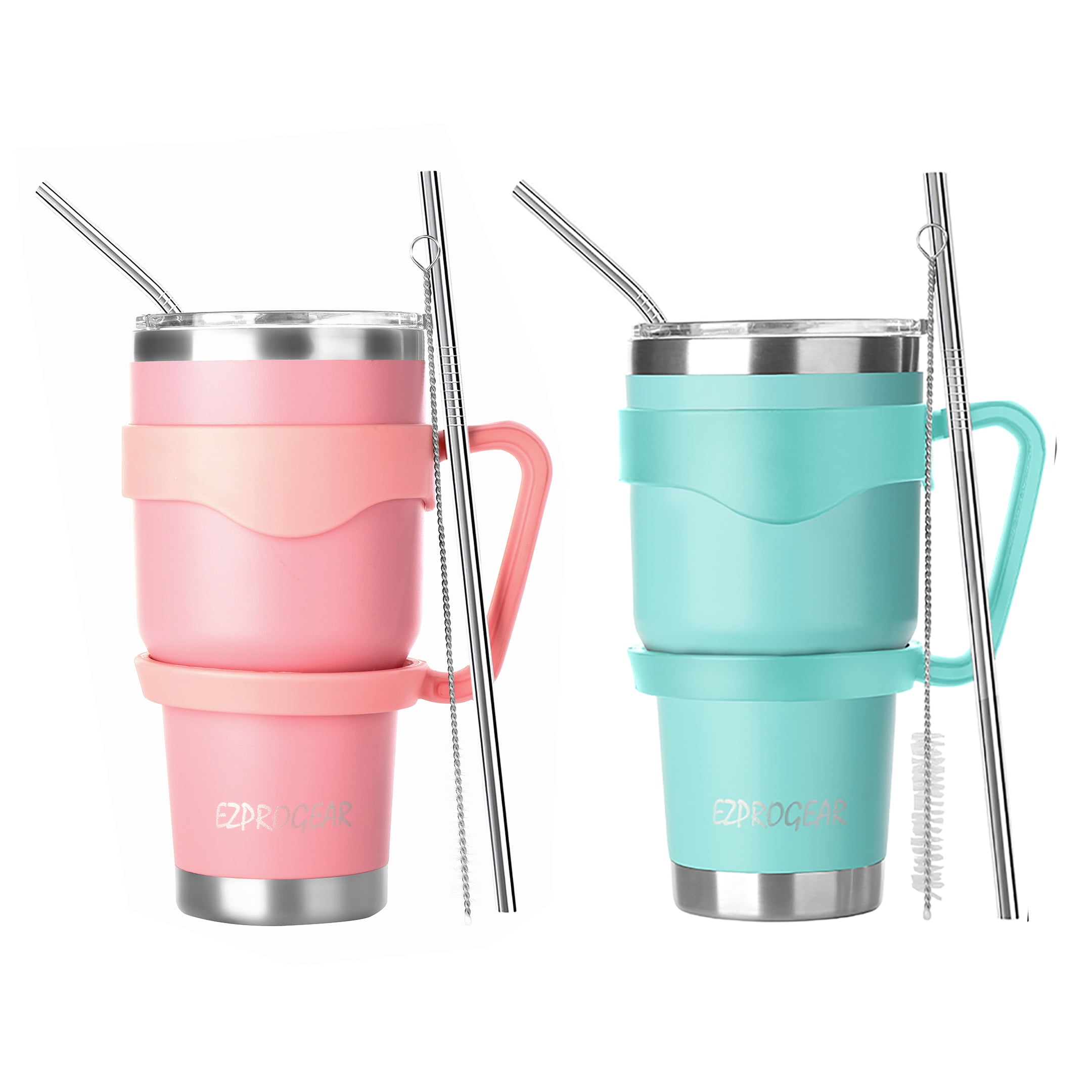 Ezprogear 30 oz 2 Pack Stainless Steel Coffee Tumbler Double Wall Water Cup  Vacuum Insulated Camping Mug with Handle. Lid & Straws (Pink & Mint)